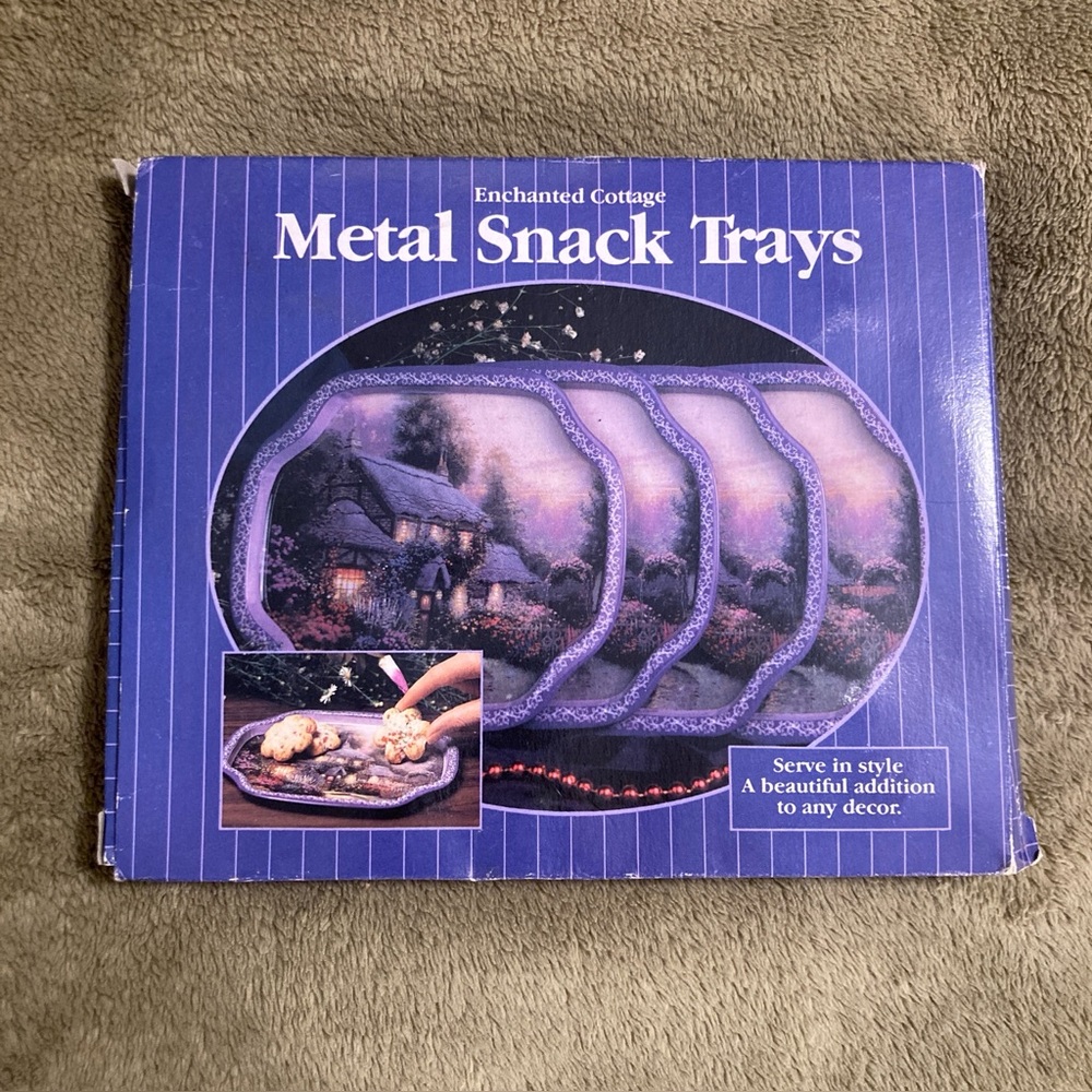 NIB Thomas Kinkaid Enchanted Cottage Metal Snack Trays Set Vintage 90s